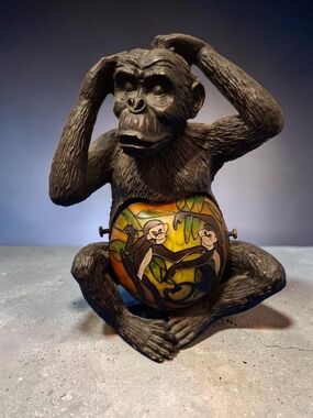 Vintage Decorative Brown Monkey Figurine Lamp with Colorful Stained-Glass Belly